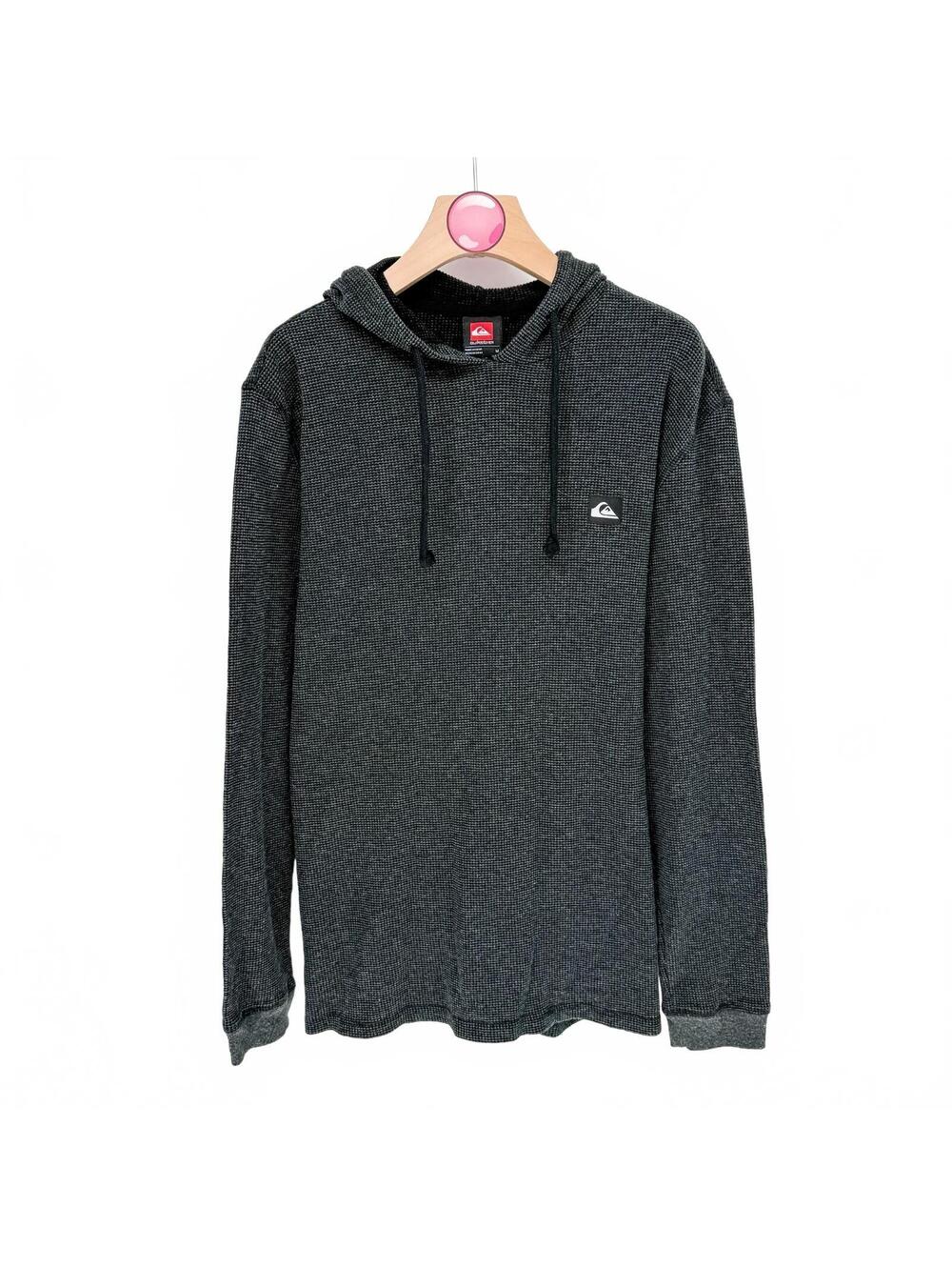 Vintage QuickSilver Hooded Thermal Sweater Waffle Knit Gray Beach Surf Mens Med